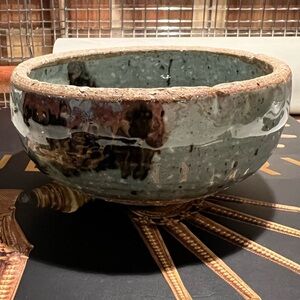 Signed Studio Pottery Bowl – Handmade Stoneware, Turquoise Crackle Glaze (5”)